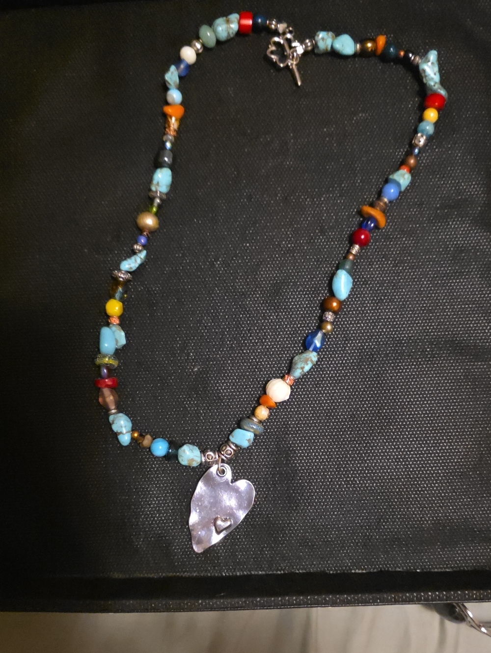 Handcrafted Multicolor Turquoise Bead Necklace with Silver Heart Pendant